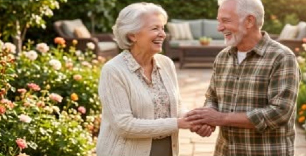 A smiling older couple holding hands in a sunlit flower garden